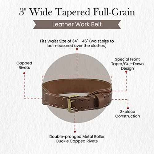 Style n Craft - 3" Wide Tapered Full-Grain Leather Work Belt, Durable and Rugged Belt, Dark Tan (98437)