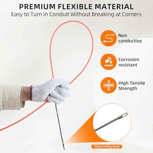 125 ft Electrical Fish Tape, 3/16-inch PET Wire Puller with Optimized Housing and Ergonomic Handle, Flexible Non-Conductive Cable Puller Tool with Steel Leader for Walls and Conduit