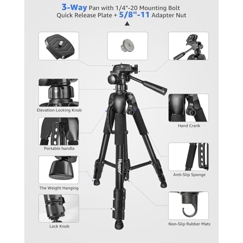 Laser Level Tripod, Huepar 56-inch Extendable Height Tripod Use with Line Lasers, Point Lasers, Laser Distance Measures, 1/4" and 5/8" Thread Mount, Multi-Function Hook, Non-Skid Feet, TPD14