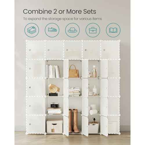 SONGMICS Cube Storage Organizer, Set of 12 Plastic Cubes, Closet Storage Shelves, DIY Plastic Closet Cabinet, Modular Bookcase, Shelving with Doors for Bedroom, Living Room, Cream White ULPC342W02