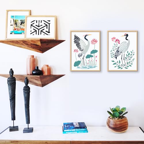 FINGERINSPIRE 6 PCS Cranes Painting Stencil with 1Pc Plastic Paint Brush, 8.3x11.7inch Lotus Flowers Leaves Stones Pattern Stencil for DIY Home Decor