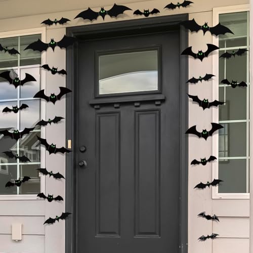 Halloween Bats Decorations Indoor - 110 Pcs With Glow in The Dark Eyes, 3D Wall Decor, 5 Styles, 136 Pcs Double-Sided Tape Included