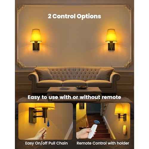 Rechargeable Battery Operated Wall Sconces Set of 2, Wireless LED Wall Lights with Remote & On/Off Pull Chain, Wall Mounted Lamp Lighting Fixture Decor for Bedroom Living Room, Matte Black