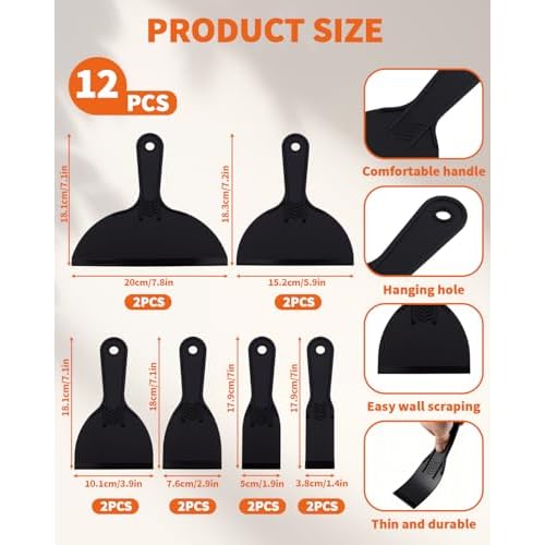 18 PCS Plastic Putty Knife, Includes 12 Plastic Putty Filler Knife and 6 Scrapers Tool, Flexible Putty-Scraper for Spackling, Repairing Drywall, Removing Wallpaper, Applying Mud or Plaster