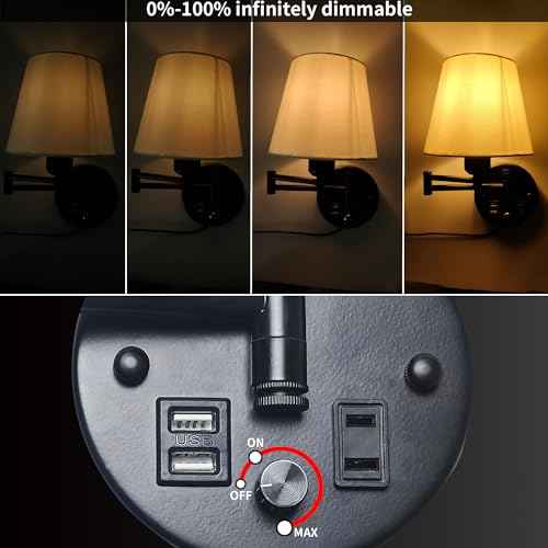 Wall Mounted Bedside Lamps with USB and 2 Pin Socket,Bedroom Sconces Set of 2 Cord and Switch,Dimmable Swing Arm Wall Sconce with White Linen Fabric Shade(E26/E27 Bulbs Not Included)