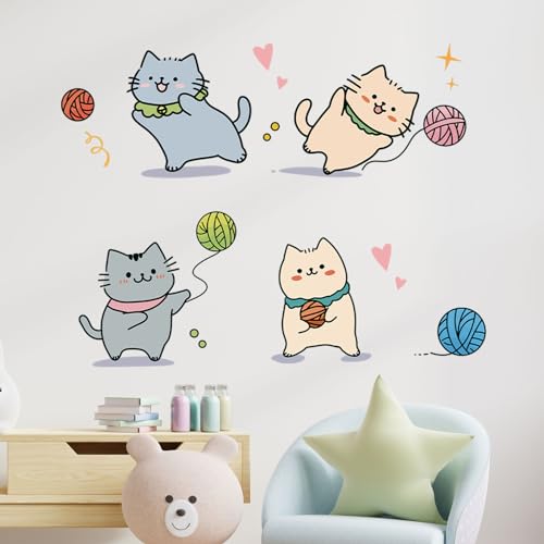 Cartoon Cute Cat Wall Stickers for Nursery Kitten Playing with Yarn Ball Wall Stickers for Kid Girl Baby Room Stickers Peel and Stick Wall Art Home Decor Living Room Bedroom Bathroom