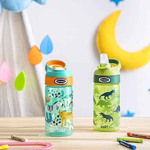 Zak Designs 16oz Riverside Kids Water Bottle with Spout Cover and Built-in Carrying Loop, Made of Durable Plastic, Leak-Proof Water Bottle Design for Travel (Dino Camo & Safari, Pack of 2)