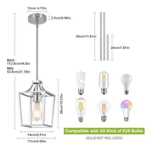 Brushed Nickel Lantern Pendant Light Fixture Pendant Lights for Kitchen Island with Clear Glass Shade, Adjustable Height Rods Pendant Lighting for Dining Room Kitchen Foyer Hallway