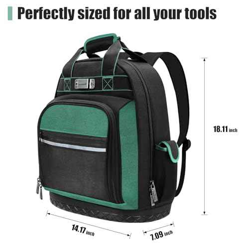 Tool Backpack Heavy Duty with Hard Bottom, Tool Backpack for Men, Electrician Bag, 15 Pockets, Waterproof Construction Backpack for HVAC, Mechanics, and Jobsite