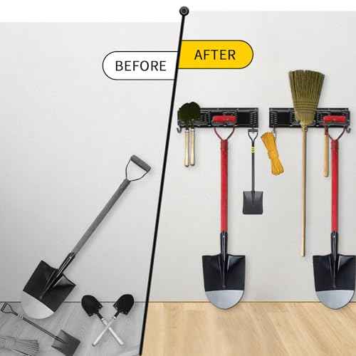 Heavy Duty Wall Mount Tool Organizer Rack, 48" Garage Storage Shelf w/Adjustable 16 Metal Hooks, 440lbs Capacity - Hanging Rake, Broom, Mop, Shovel, Snowboard, Yard Tools, Ideal Men's Gift