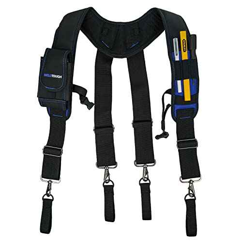 MELOTOUGH Tool Belt Suspenders Construction Work Belt Suspenders with detachable phone holder comfortable foam shoulder padder (Blue)