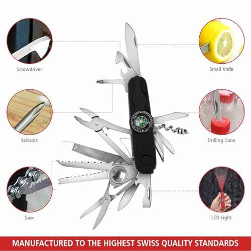 Swiss Eagle 30-in-1 Classic Swiss Pocket Knife with Compass, Premium Multi Tool Pocket Knife with Large Blade, Scissor, Screwdriver, Plier, Magnifying Glass, Tweezer for Gifts - Black