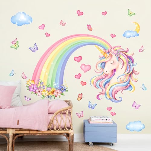Rainbow Unicorn Wall Decals Rainbow Flowers Butterflies Clouds Hearts Unicorn Wall Stickers Baby Nursery Girls Bedroom Daycare Wall Decor