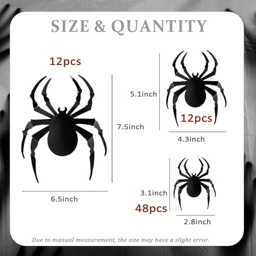 72Pcs Spider Stickers Decorations Black 3D Spider Decals for Wall Window Door Indoor Home Party Classroom Office Decor