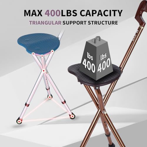 Folding Cane Seat Sturdy Lightweight Adjustable Handle Legs with LED Light Cushion for Elderly Walking Stick 300 lbs Large Plate