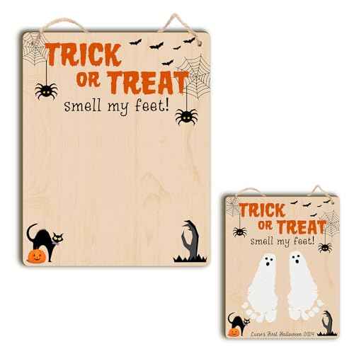 Baby's First Halloween Footprint DIY Wooden Hanging Sign, Baby's 1st Halloween Art Craft Gifts, My First Holiday Milestone Signs, Trick or Treat Smell My Feet Halloween Decor Sign (Nature)