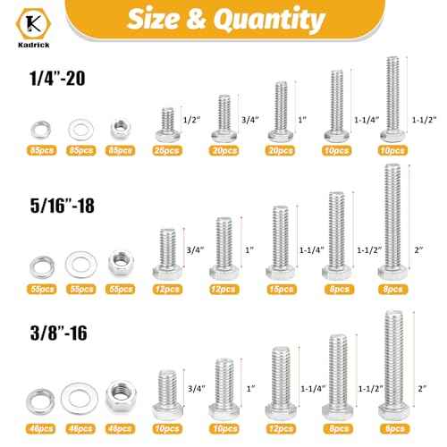Kadrick 744Pcs 18-8(304) Stainless Steel Hex Bolts Assortment,1/4-20 5/16-18 3/8-16 Heavy Duty Bolts and Nuts Kit, Assorted SAE Bolts Nuts Flat&Lock Washers,Lenth Form 1/2''-2''