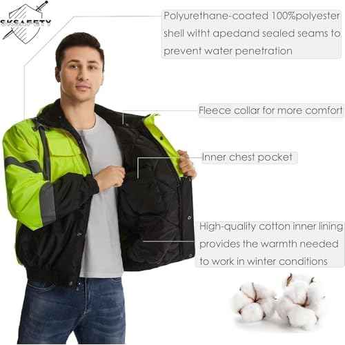 SKSAFETY High Visibility Reflective Jackets for Men, Waterproof Class 3 Safety Jacket with Pockets, Hi Vis Yellow Coats with Black Bottom, Mens Work Construction Coats for Cold Weather, S, 1 Pack