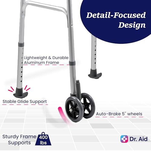 Dr. Aid Premium Folding Walker with Wheels, 5" Auto Brake Double Front Wheel Walker, Lightweight Walkers for Seniors, Durable Aluminum Frame, Adjustable Height, Supports Up to 400lbs, Aluminum Gray