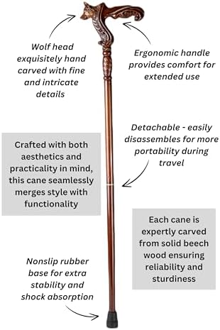 Hand Carved Wooden Walking Cane with Ergonomic Handle and Rubber Tip for Men and Women - Fashionable Unique Walking Stick for Seniors - 37 inch