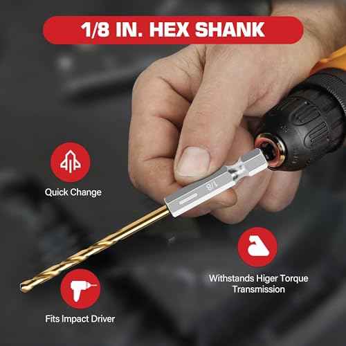 13PC 1/8" Titanium Coated Twist Hex Shank Drill Bit Set, 135 Degree Tip HSS Drill Bit Sets, Impact Driver Drill Bits for Wood, Steel, Metal, Plastic with Quick Change Design