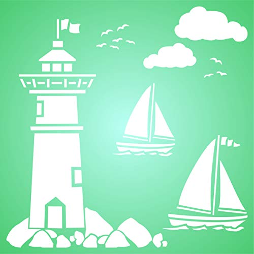 Lighthouse Stencil, 4.5 x 4.5 inch - Sea Ocean Nautical Sailboat Clouds