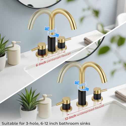 Bathroom Faucet 3 Hole, Brushed Gold and Black Bathroom Sink Faucet with Pop Up Drain, 8 inch Widespread Bathroom Faucet with 360¡Æ Swivel Spout, 2 Handle Vanity Faucet with Water Supply Hoses
