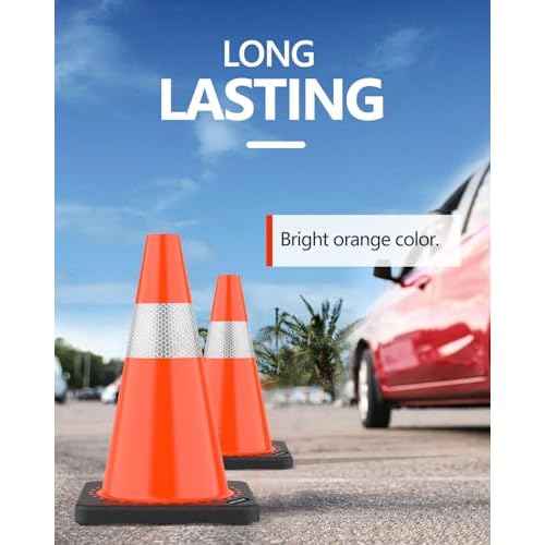 (4 Pack) BATTIFE Traffic Cones 18 Inch with Black Weighted Base, PVC Orange Cone for Traffic Control,Construction Events, Driveway Road Parking Lot