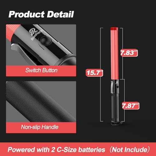 RoadHero 4 Pack Traffic Batons, 16 Inch LED Traffic Control Batons, Safety Light Wands with 2 Flashing Modes, Air Marshaling Signal Wand with Side Clip for Airport, Parking, Car Directing