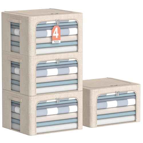 4 Pack Clothes Storage Bins with Metal Frame - Linen Fabric Foldable Stackable Container Organizer Set with Clear Window & Carry Handles & Zippers (Beige, 15.7"x11.8"x7.8")