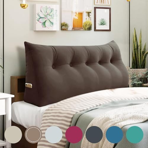 11 lbs Thickened Queen Wedge Pillow Headboard Body Positioner Bed Wedge Pillow Backrest Support Triangular Headboard Cushion with Side Pocket Velvet Positioning Support Coffee