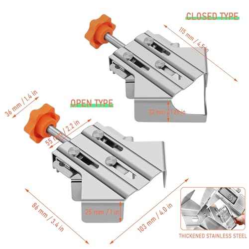 90 Degree Right Angle Clamp for Woodworking,Multipurpose Stainless Steel T-shaped Clamp,Single Handle 90 Degree Corner Clamping Tool with Adjustable Swing Jaw, Gifts for Men Dad (2Open+2Closed)