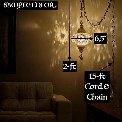 DEMMEX Plug-in Turkish Moroccan Mosaic Hanging Pendant Ceiling Light ? Swag Lamp Fixture with 15ft Cord & Chain, Handcrafted Glass, Tiffany Style, Mediterranean Decor (Amber Brown)