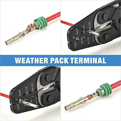 iCrimp IWC-1424AB Wire Crimping Tool for Weather Pack Terminals, Metri Pack Connectors, Open Barrel Terminals, Stamped Contacts with Built-in Wire Stripper and Wire Cutter