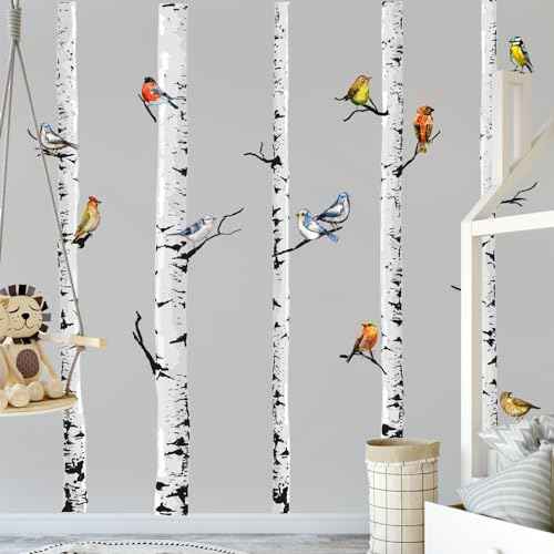 Supzone Large Birch Tree Wall Decals 5 White Tree Forest Birds Wall Stickers Peel and Stick Wall Art Decor for Bedroom Living Room Kitchen Sofa TV Backdrop Wall Decoration