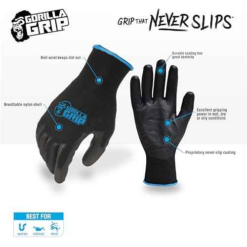 Gorilla Grip Work Gloves, Never Slip Maximum Grip All-Purpose, Gloves for Men, Superior in Wet, Dry, Oily Conditions, Polymer Palm, Extra Large Size, 15 Pairs, Black/Blue | 25043-25
