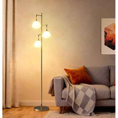 Fiqevs Flower Floor Lamp for Living Room, Mid Century Gold Floor Lamp with 3 Floral Shades and Bulbs Included, Elegant Standing Tree Lamp for Kids Room, Bedroom Office - Antique Brass