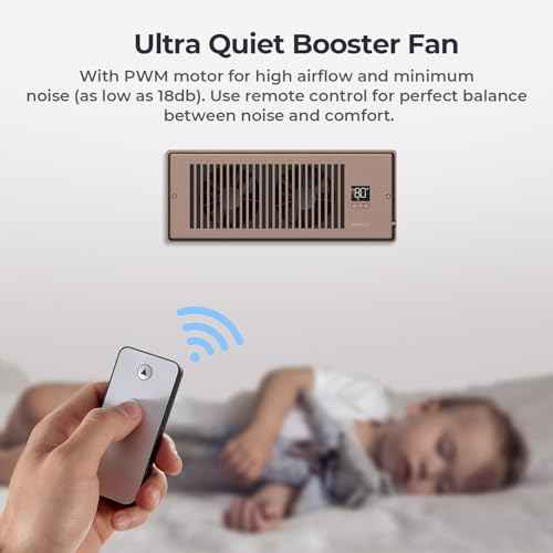 Quiet Register Booster Fan Fits 4" x 12" Register Holes, 10-Speed Smart Heating Cooling AC Vent Fan with Remote Control and Thermostat Control - Bronze