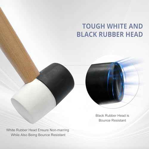 8 Oz. Rubber Mallet Hammer with White and Black Double-Faced Soft Head, Hardwood Handle Small Hammer for Woodworking, Flooring, and Tile