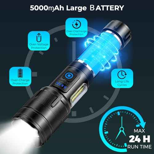 Rechargeable Flashlights High Lumens, 9000 Lumen Super Bright Led Flash Light, Powerful Flashlight with 7 Modes, COB Light, IPX7 Waterproof for Camping, Emergencies