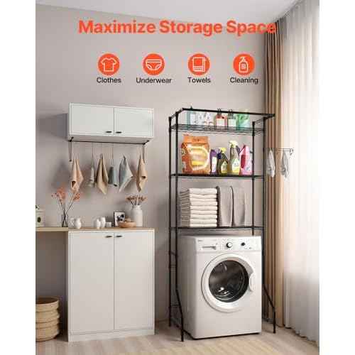 VEVOR Over The Washer and Dryer Storage Shelf, 3 Tier Laundry Room Drying Rack with Hanger Rod and Hooks, Adjustable Over Washer and Dryer Shelves, Laundry Room Shelf Storage Space Saver, Black