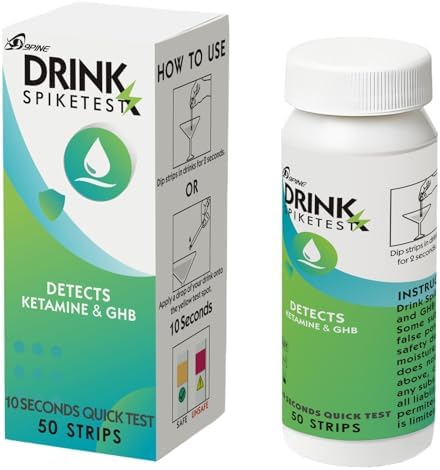 Spike Drink Test Strips Detector for Beverage Safety, 50 Count, 10-Second Detection, Tests for GHB and Ketamine in Beverage, Water, Wine, Cocktail, Beer, Juice etc;