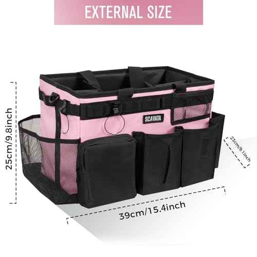 Wearable Cleaning Caddy Bag, Cleaning Caddy Supplies Organizer with Handle & Shoulder Straps for Housekeepers, Under Sink & Car Cleaning Tool Organizers with 4 Foldable Divider (SweetPink)