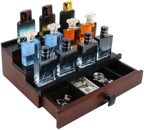 Cologne Organizer for Men, 3 Tier Wooden Cologne Stand for Men, Perfume Organizer Display, Cologne Shelf with Drawer and Hidden Compartment, Gift for Men