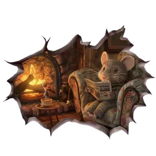 Cozy Mouse Wall Decal, 3D Fireplace Scene Decorative Sticker, Vinyl Home Decor