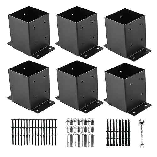 4x4 Post Base, Post Brackets(Inner Size 3.6"x3.6")£¬Black Powder Coated Heavy Thick Steel Fence Post Anchor for Deck Porch Handrail Railing Fence Plate Pergola Support(6 PCS)¡¦¡¦