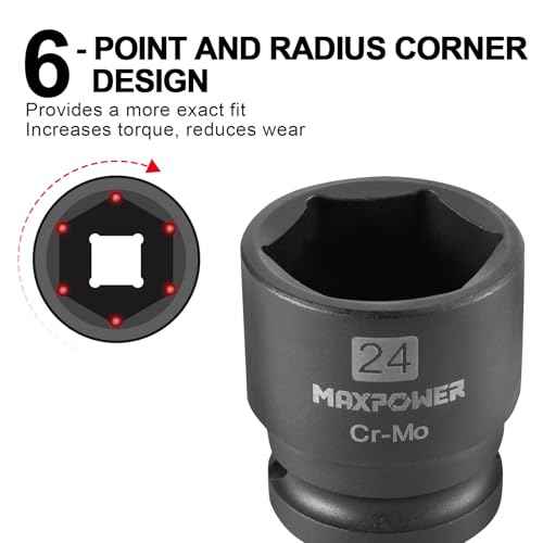MAXPOWER 1/2 Inch Drive 24mm Standard Impact Socket, Made with Heat-Treated Chrome Molybdenum Steel, 6-Point Design, Metric