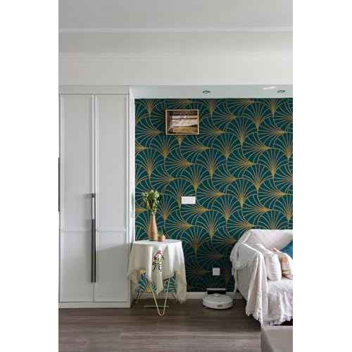 Safiyya 118"x17.3" Wallpaper Gold and Teal Blue Peel and Stick Wallpaper Geometric Stripe Contact Paper Self Adhesive Removable Wallpaper Modern Boho Contact Paper for Walls Covering Vinyl Rolls