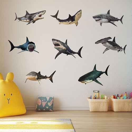 8 Pieces of Shark Wall Stickers for Marine Animals, Easy to Peel and Post, Suitable for Children's Bedrooms, Classrooms, and Parties