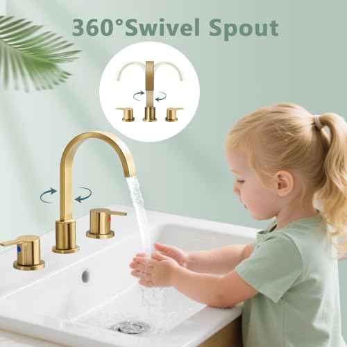 Gold Bathroom Faucet 3 Hole, Widespread Bathroom Faucet Brushed Gold, 360¡Æ Swivel High-Arc Spout 2-Handles 8 Inch Faucets with Water Hoses and Drain for Sink RV Bath Vanity Lavatory, VAL088GRH